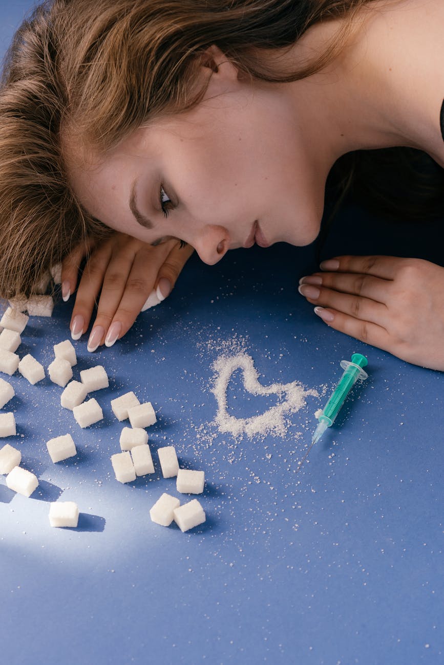 a woman lying down on a blue surface while looking at sugar